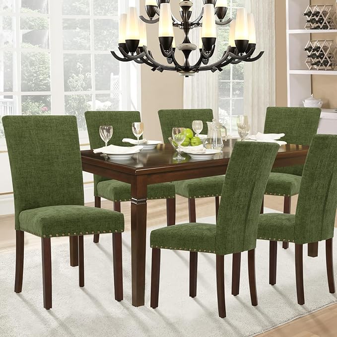 Parsons Dining Chairs Set of 6, Upholstered Nailhead Dining Room Kitchen Side Chair with Thick Cushions and Wood Legs, Green