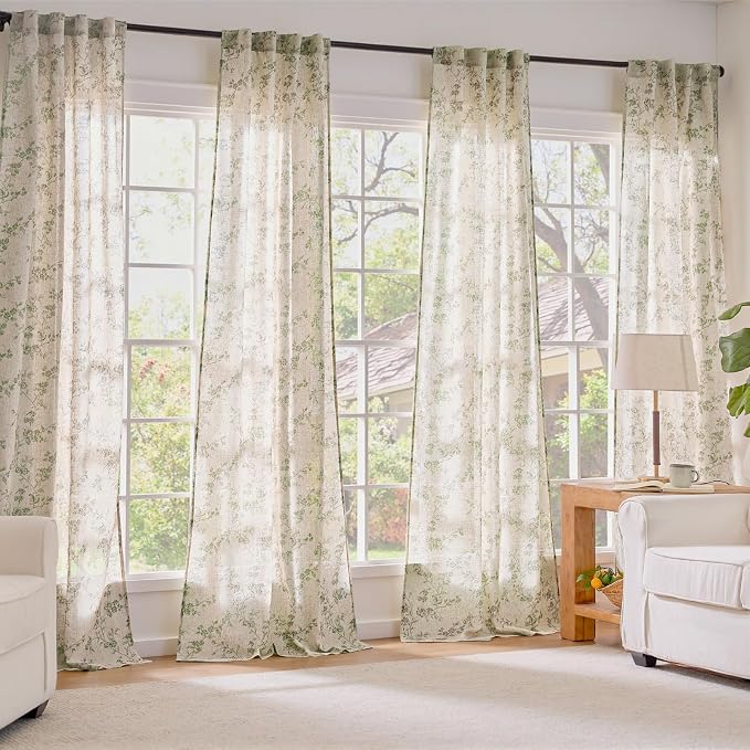 Lazzzy Green Floral Linen Curtains 90 Inch Farmhouse Back Tab Drapes - Image 7
