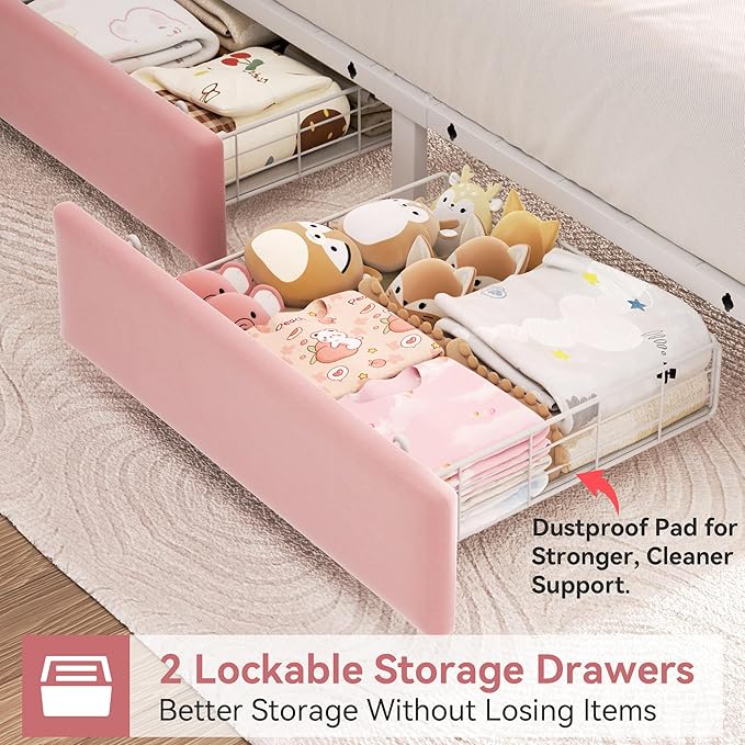Twin Upholstered LED Bed Frame with 2 Storage Drawers and 2-Tier Storage Bookcase Headboard, Velvet Princess Platform Bed for Kids/Girls/Boys, Corner Bed Frame, Heavy Duty Metal Support, Pink
