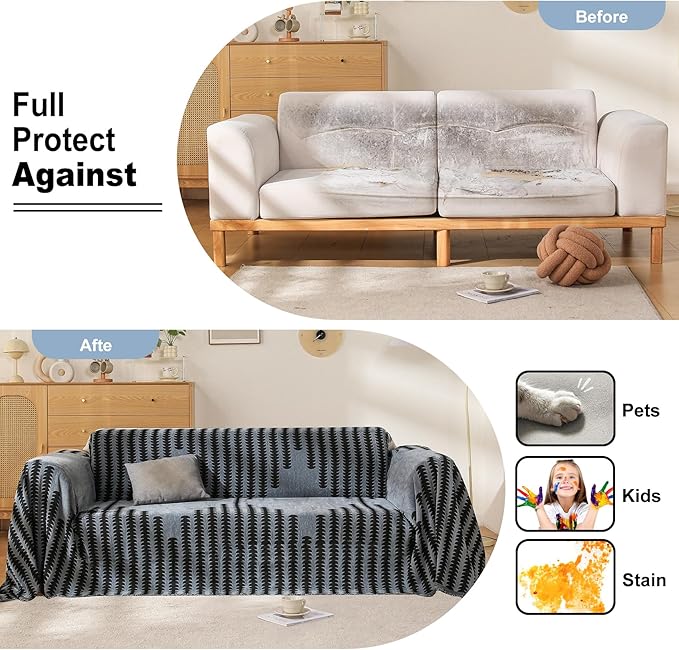 Boho Sofa Cover, Couch Covers for 3 Cushion Couch Sofa Pet Friendly, Sofa Cover Washable, Soft Chenille Living Room Couch Covers Slipcover, Pet Furniture Protecto (2# Dark Grey, 71" x 134")