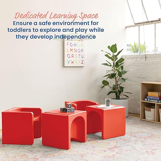 ECR4Kids Tri-Me Table and Cube Chair Set, Multipurpose Furniture, Red, 3-Piece