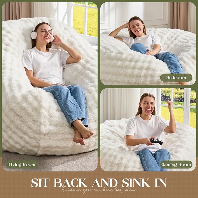 Hobestluk Bean Bag Chairs Beanbag Chair with Filler Adult Bean Bags with Fluffy & Machine Washable Cover, Giant Bean Bag Chairs for Adults (White, 3FT-36" x 36" x 22")