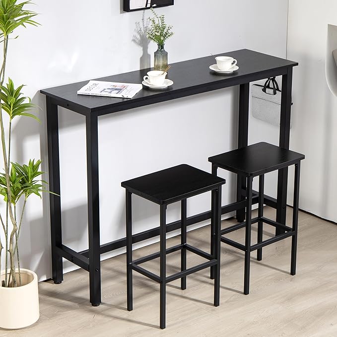 Finnhomy 52.7" Industrial Bar Table Set with 2 Stools - Counter Height Dining & Pub Table for Small Spaces, Kitchen, Apartment, Breakfast Nook - Metal & Wood, Space-Saving Furniture - Rustic Black