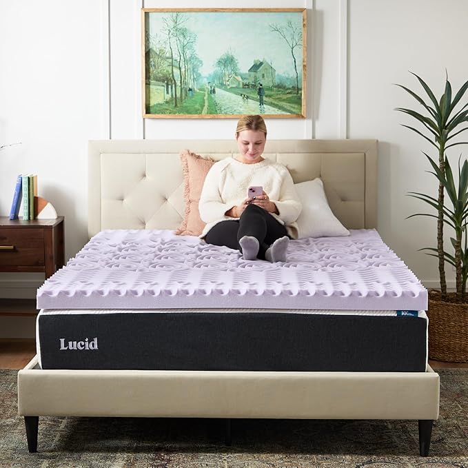 Lucid Lavender Infused 3 Inch Memory Foam Mattress Topper - King Size - Plush Feel - 5 Convoluted Zones - CertiPUR Certified - New Home Owner & Dorm Room Essentials