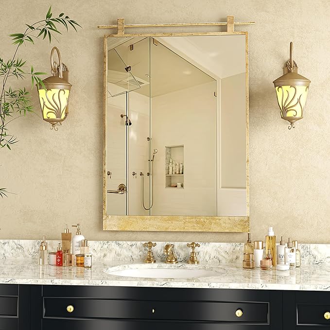 16x24 Inch Rectangle Bathroom Vanity Mirror for Wall Mounted Over Sink Farmhouse Rustic Matte Brushed Gold Barn Door Mirrors Foyer Entryway Decor
