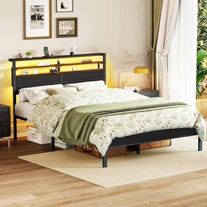 Furnulem Queen Bed Frame with Headboard & 2 Fabric Drawers, Bed Frame Queen Size Featuring LED Lights, Built-in Charging Station & Storage Shelves, Metal Slats, No Box Spring Needed – Black Oak