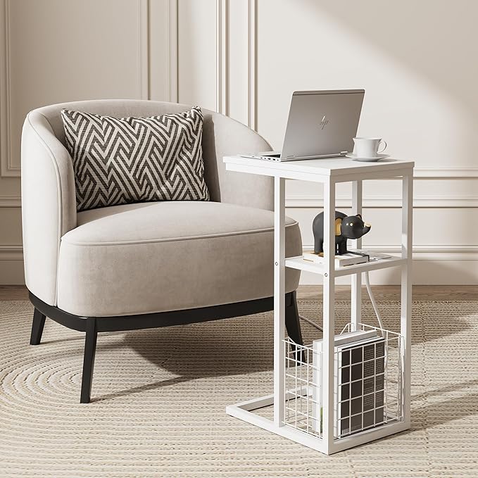 Vagusicc C Shaped End Table with Charging Station, Side Table for Couch, Small Side End Table for Small Spaces, 28" High Slide Under Sofa Table for Coffee, Tv Tray Table for Living Room, White