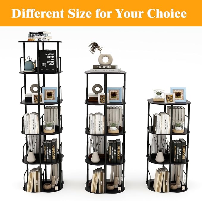 5-Tier Rotating Bookshelf, 360 ° Display Stackable Spinning Bookshelf Tower, Narrow Space Saving Tall Floor Standing Swivel Bookcase Corner Organizer for Bedroom, Living Room, Black