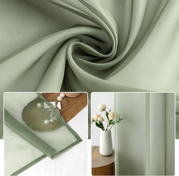 MIULEE 2 Panels Sage Green Sheer Curtains 96 inches Long Window Curtains Rod - Image 3