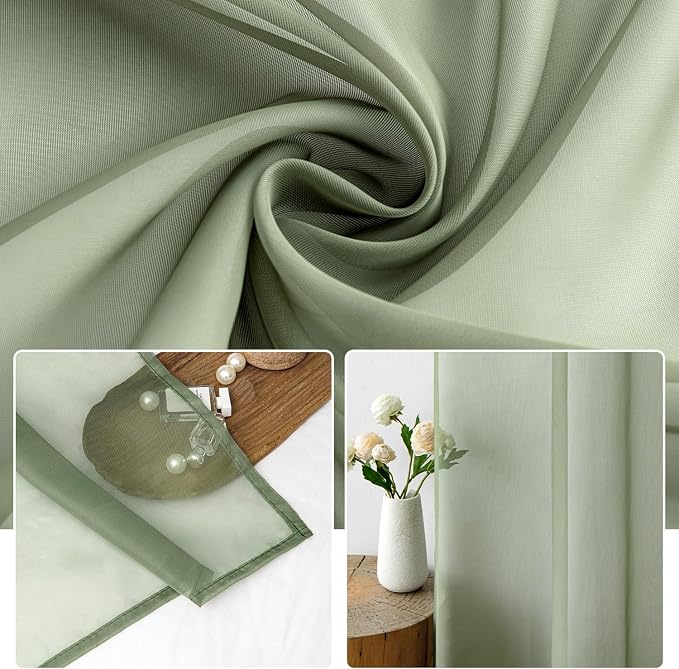 MIULEE 2 Panels Sage Green Sheer Curtains 90 inches Long Window Curtains Rod - Image 3