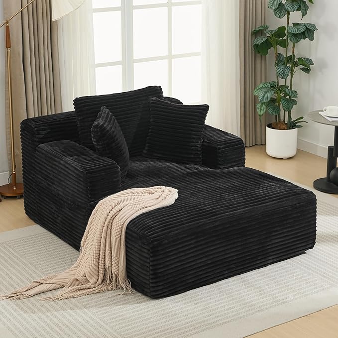Oversized Chaise Daybed Lounge Sleeper Chair Sofa Bed Indoor, Fluffy Corduroy Upholstered Sleeper Recliner Sofabed Full Foam Boneless Cloud Sofabed W/3 Pillows for Home/Apartment Living Room Bedroom