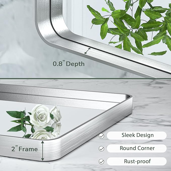 TokeShimi 42x36 Inch Brushed Silver Bathroom Mirror for Wall Brushed Brass Metal Rounded Corner Rectangle Mirror Metal Frame Deep Set Design Hangs Horizontal Or Vertical