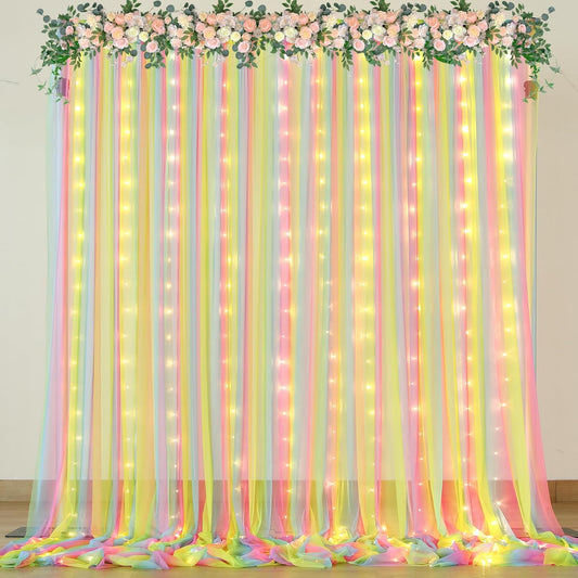 Rainbow Tulle Backdrop Curtain with Lights String 10x8ft Rainbow Sheer Backdrop Curtains for Girls Birthday Party Baby Shower Photo Shoot Background Decorations
