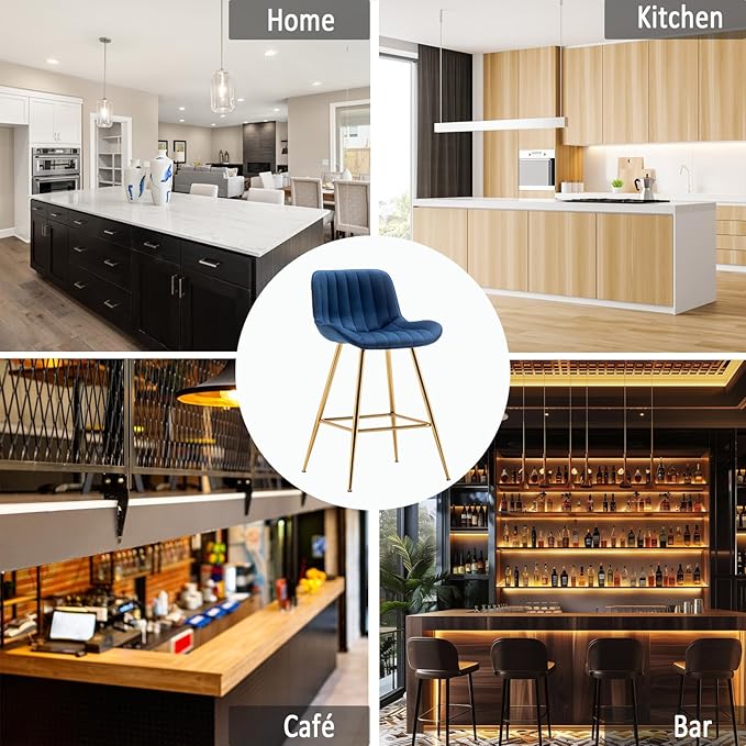 Sidanli Blue Bar Stools Set of 2, 24 Inch Velvet Counter Height Bar Stools with Footrests, Modern Bar Chairs for Home, Kitchen Island, Dining Room