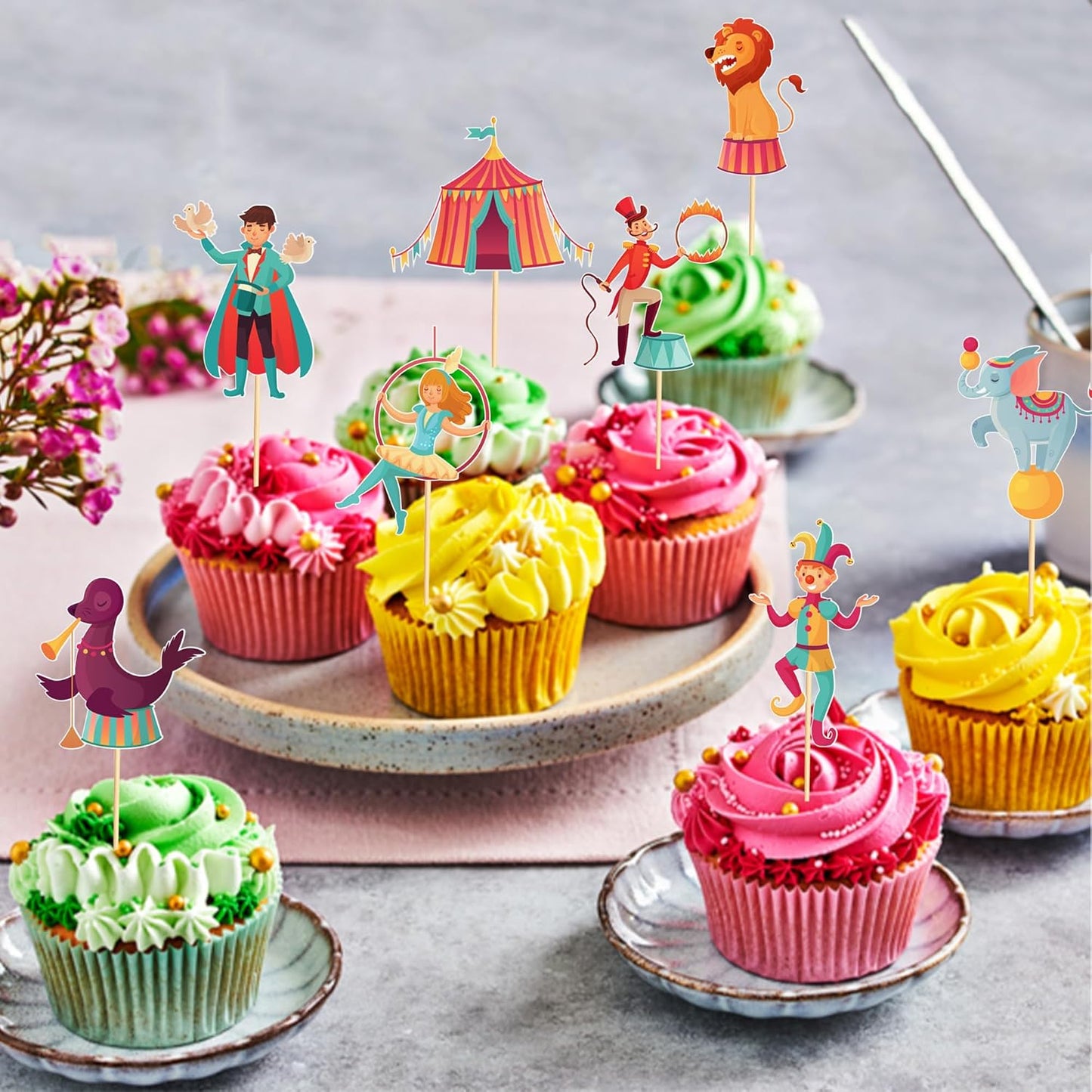 24pcs Circus Cupcake Toppers Carnival & Circus Party Decorations - Perfect for Cupcake, Cake & Baby Shower Birthday Party Supplies