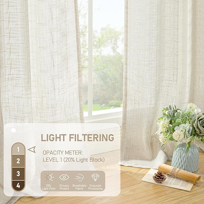 LAMIT 68 inch Semi Sheer Linen Curtains 2 Panels Set, Cream Ivory Light - Image 4