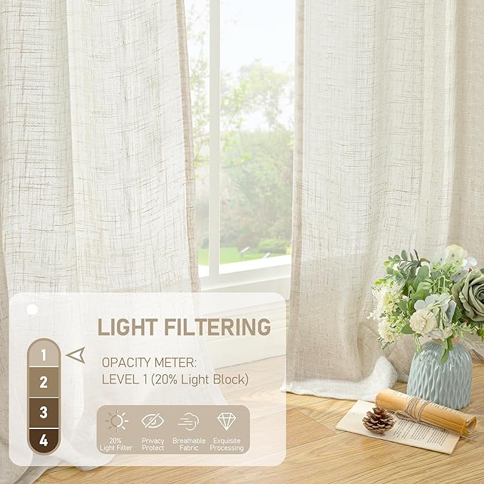 LAMIT Natural Ivory Linen Semi Sheer Curtains 84 inch Length, Cream Light - Image 4