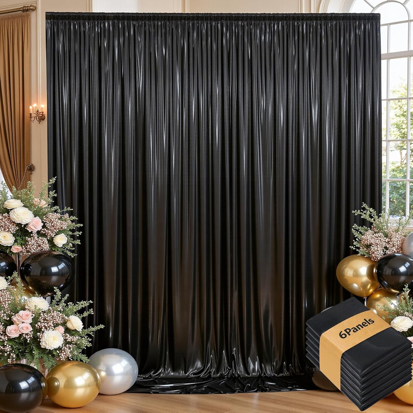 30ftx10 ft Black Glitter Sequin Backdrop Curtain for Parties, Wrinkle Free Sparking Backdrop Drapes, 6 Panels 5x10ft Shimmer Photo Back Drop Cloth for Wedding Birthday Photography Background