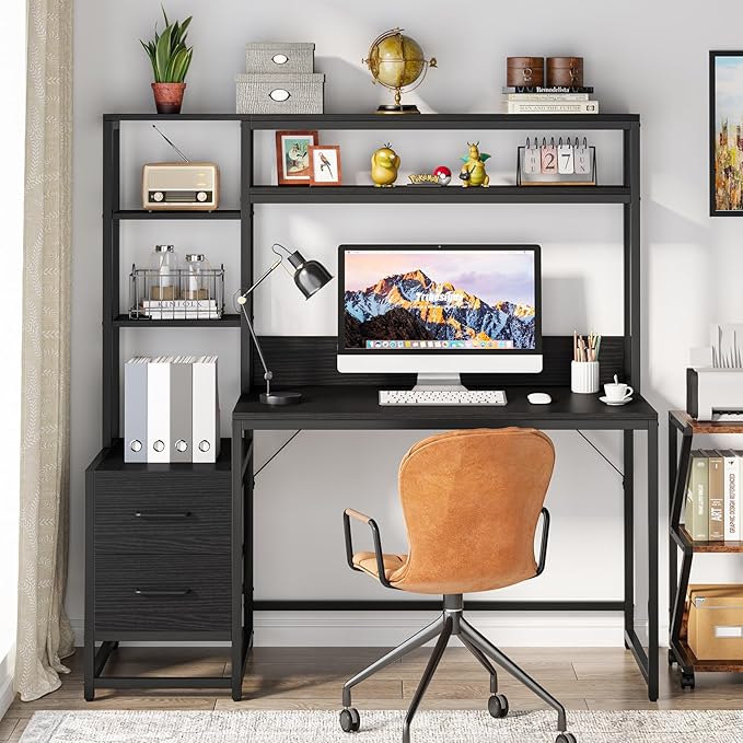 Tribesigns 55 Inch Computer Desk with 2 Drawers and Storage Shelves, Rustic Office Desk with Hutch, Study Writing Gaming Table Laptop Workstation for Home Office (Black)