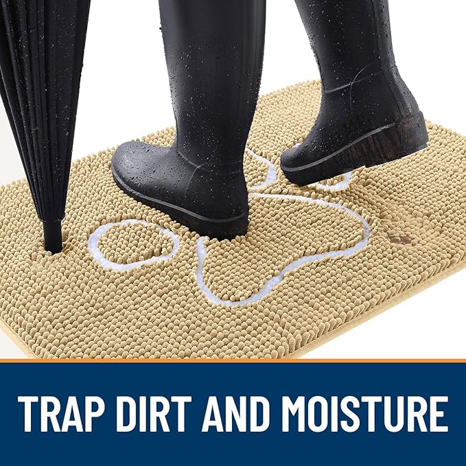 OLANLY Door Mat for Muddy Dog Paws 59x24, Ultra Absorbent Chenille Mud Doormat with Paw Print Design, Non-Slip Washable Doormat for Indoor Entryway, Quick-Dry Pet Bed Mats for Dirty Dogs, Beige