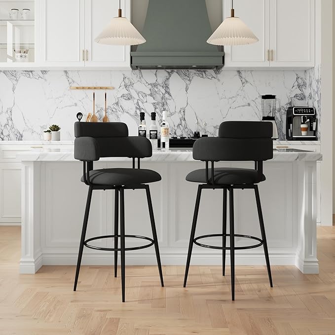 Swivel Bar Stools Set of 2, Counter Height Bar Stools with Ergonomic Full Back, Upholstered Linen Fabric Barstools with Chrome Metal Footrest for Kitchen Island, Dining Room
