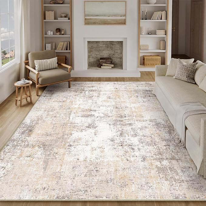 8x10 Washable Area Rug Beige Grey Neutral Abstract Living Room Bedroom Large Throw Rug Non Slip Soft Low Pile Indoor Floor Carpet for Dining Room Kitchen Office Entryway