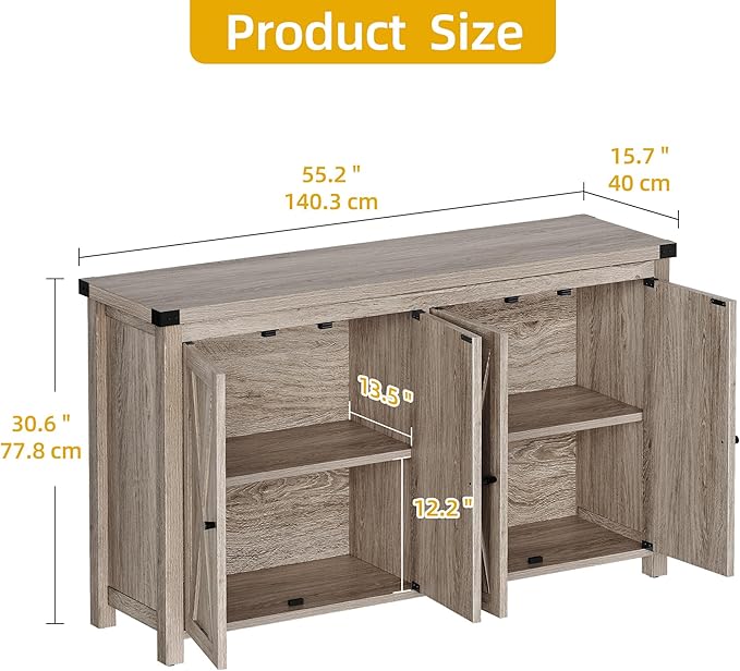 DWVO 55'' Sideboard Buffet Cabinet with Storage, Farmhouse Kitchen Storage Cabinet with Doors, Large Coffee Bar Cabinets with Adjustable Shelves for Kitchen, Living Room, Grey
