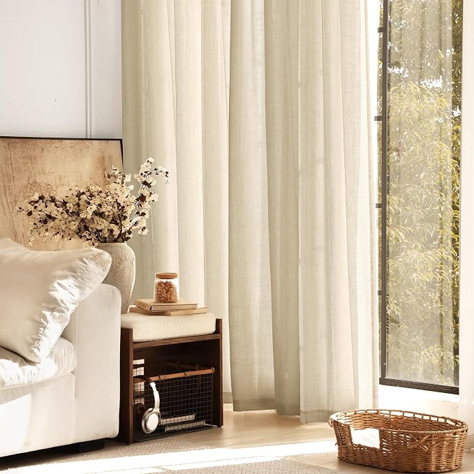 Greyish Beige Linen Curtain 102 inch Length 2 Panels Set Back Tab Light - Image 6