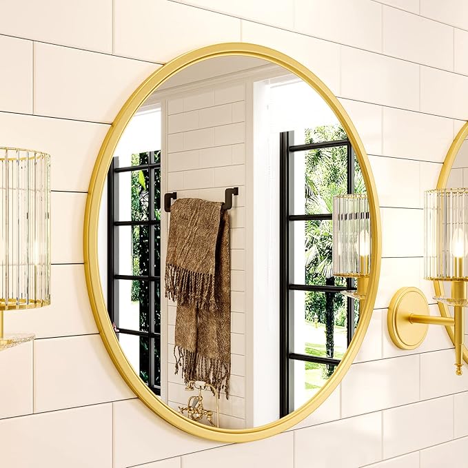 Growsun Gold Round Mirror, 24 inch Circle Wall Mirror for Bathroom Vanity, Entryway Living Room with Metal Frame for Home Decor