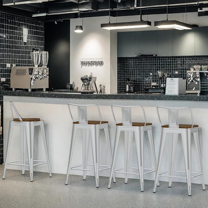 30 Inch Swivel Bar Stools Set of 4, Counter Height Bar Stools with Low Back, Metal Industrial Bar Chairs for Kitchen Island (Silver)