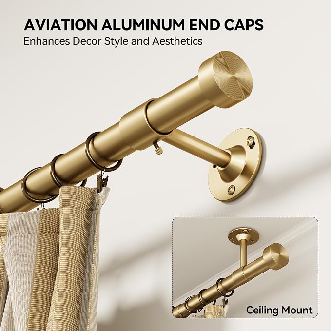 YaFex 2 Pack Heavy Duty Curtain Rods 32-120 Inch, 1 Inch Adjustable Gold - Image 2