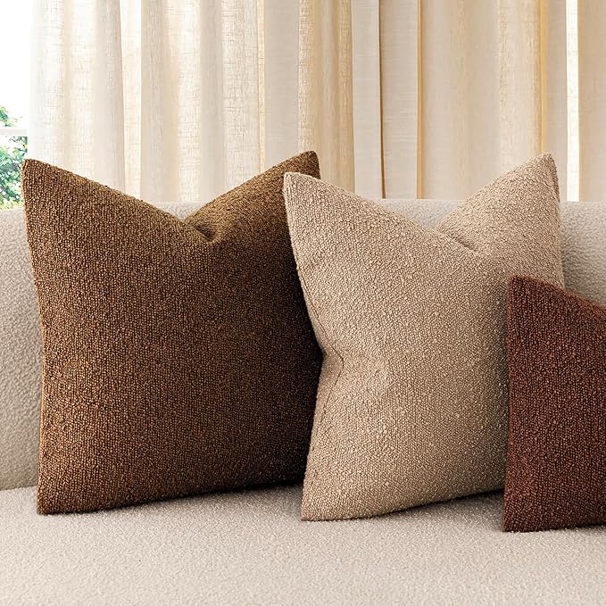 Foindtower Set of 2, Decorative Textured Boucle Throw Pillow Covers Accent Solid Pillow Cases Neutral Soft Cozy Couch Cushion Case for Chair Sofa Bedroom Living Room Home Decor 16x16 Inch Hazel Brown