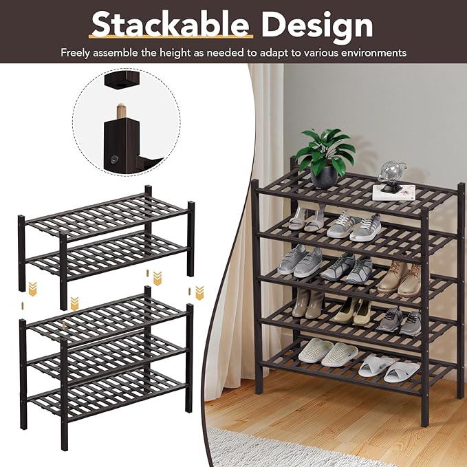 Haddockway 4 Tier Bamboo Shoe Rack Storage Organizer, Multifunctional Free Standing Stackable Shoe Shelf with Grid Panel for Closet,Hallway,Entryway,Small Space 27"x11"x26"(Brown, 4 Tier)