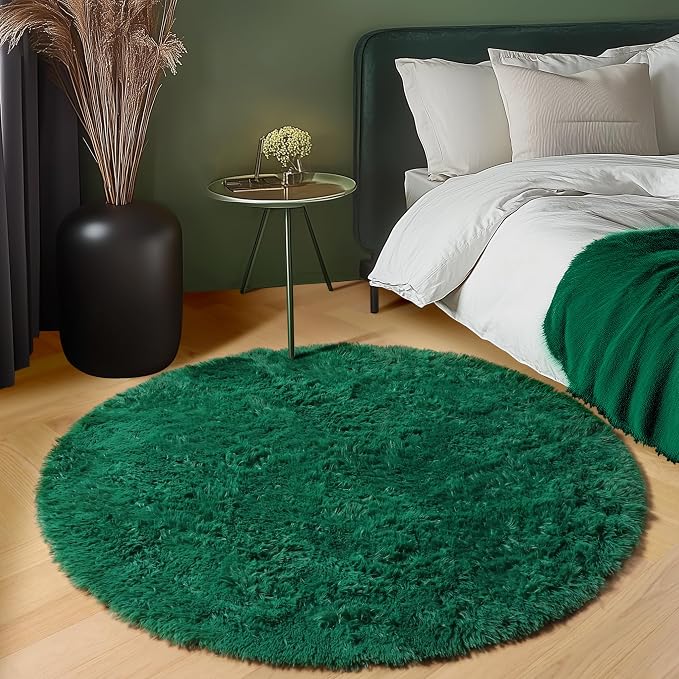 ONASAR Dark Green Round Area Rugs 5ft, Fluffy Soft Bedroom Circle Rug - Image 3