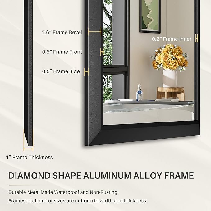 55x32 Inch Black Bathroom Mirror for Wall, Thick Metal Framed Rectangle Mirrors for Over Sink, Bedroom, Living Room, Entryway, Anti-Rust, HD Tempered Glass