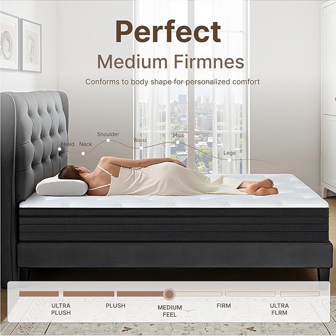 King Size Mattress, 12 Inch 5-Zone Pocket Spring Hybrid Mattress with Gel Memory Foam for Pressure Relief & Peaceful Sleep, Medium Firm, Mattress in a Box