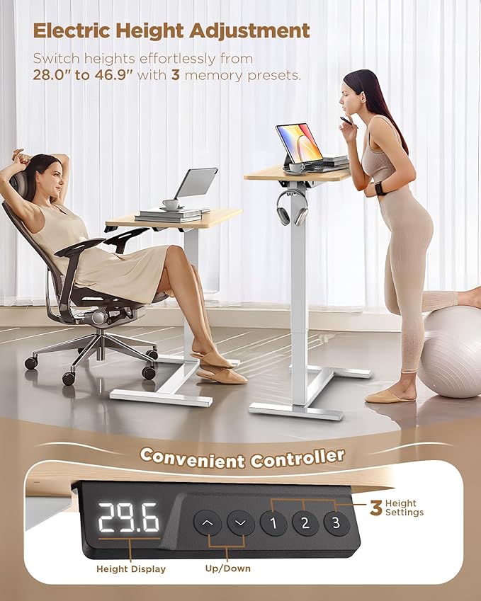 Electric Adjustable Height Standing Desk - Small Sit Stand Portable Rolling Laptop Table with Hidden Wheels, Small Computer Workstation for Bedside & Home Office Use (28"x16", Oak)