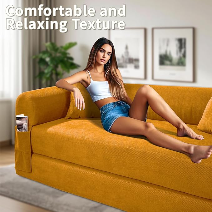 80" Convertible Sofa Bed, 3-in-1 Corduroy Folding Pull Out Couch with Pillows, No Assembly Modern Boneless Couch Compression Sofa in Box, Floor Sofa with Side Storage Pocket for Living Room, Yellow