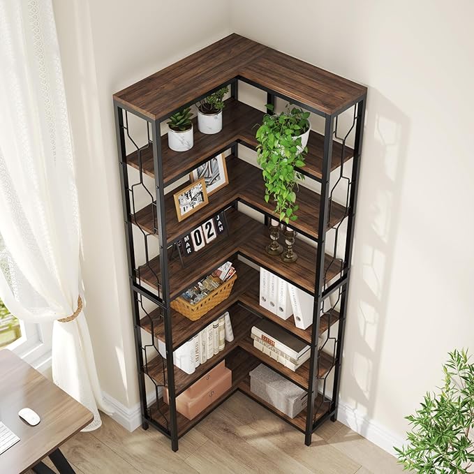 Tribesigns Corner Shelf, 7-Tier Industrial Corner Bookshelf, Wood and Metal Etagere Bookcase, Freestanding Display Shelf for Living Room, Kitchen, Home Office, Rustic Brown