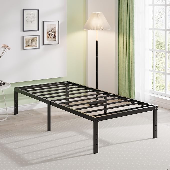 EMODA 16 Inch Heavy Duty Twin Bed Frame, Metal Platform Bed Frames No Box Spring Needed, Noise Free, Easy Assembly, Black