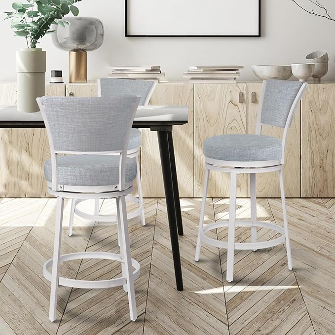 Bar Stools Set of 2, 25 Inch Metal Counter Height Bar Chairs, Modern Linen Fabric 360° Round Swivel Barstools with Back, Counter Stools for Kitchen Island, Pub, Grey & White