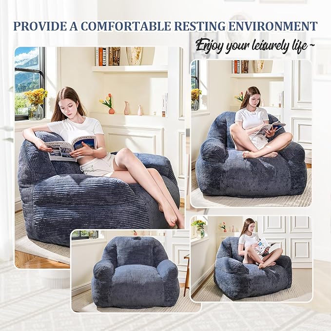 Giant Bean Bag Chair, Faux Fur Bean Bag Chairs for Adults, Fluffy and Comfy Bean Bag with Filler, Big Bean Bag Sofa Chair for Reading, Gaming, Stuffed High-Density Foam (Grey)