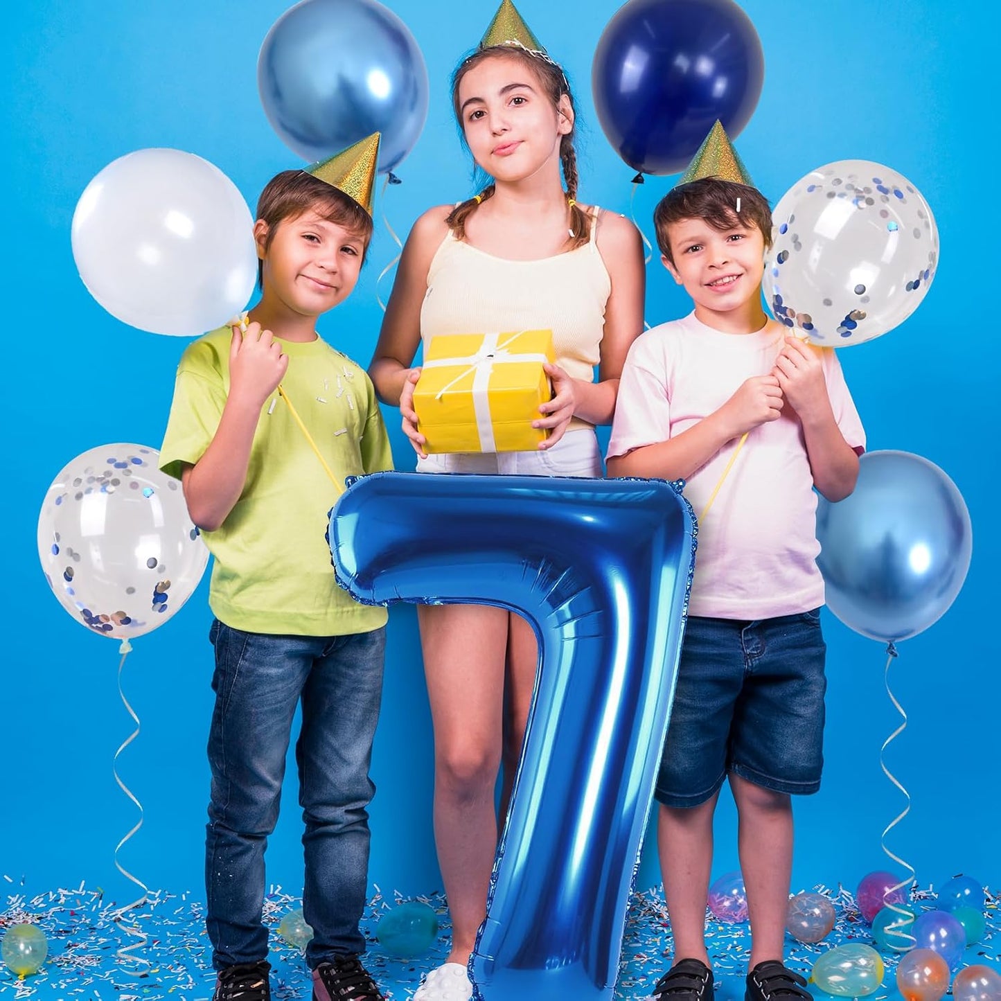 7 Balloon Number Dark Blue, Big Number 7 Mylar Balloon Pastel Navy Blue with Metallic Silver Confetti Balloon for Boys 7th Birthday, Foil 40'' Self Inflating Balloon 7 for Anniversary Party Decoration