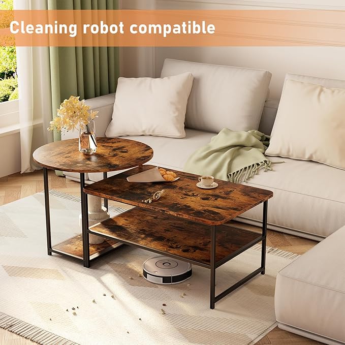 WOHOMO Coffee Table, Mid Century Modern Coffee Table for Living Room Rustic Farmhouse Center Table 2 in 1Detachable Table Set, Rustic Brown