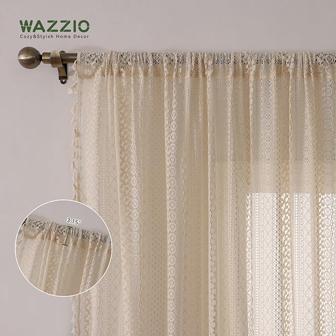 WAZZIO Boho Lace Curtains 45 Inches 2 Panel, Light Filtering Privacy Tassel & - Image 3