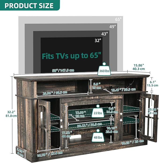 YITAHOME LED Farmhouse TV Stand for 65 Inch w/Outlets, Modern Entertainment Center with Glass Doors and Adjustable Storage Shelves, Media Console TV Cabinet for for Living Room, Dark Rustic Oak