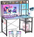 Cyclysio Gaming Desk with Hutch, 39'' Computer Desk with LED Lights & Power Outlets, Home Office Desk with Reversible 5 Tiers Storage Shelves & Monitor Stand, Small Gaming Table for Small Space, Grey