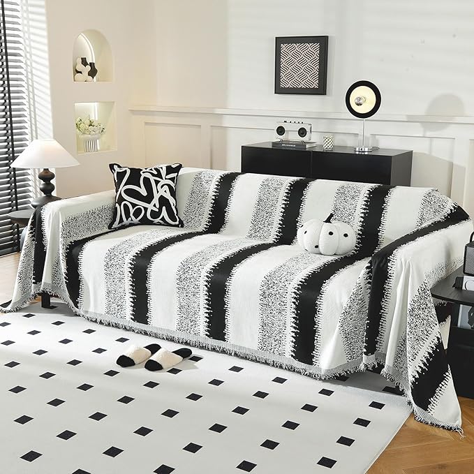 LUFEIJIASHI Boho Couch Covers for Sofa Non Slip Sofa Covers Washable Couch Covers for 3 Cushion Couch Sofa Pet Friendly Sectional Couch Cover Blanket Furniture Protector for Dogs (Black, 71"x134")
