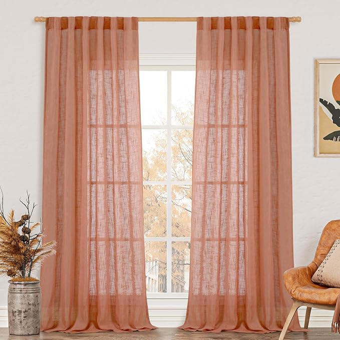 LAMIT Terracotta Linen Boho Curtains 84 inch Length 2 Panels, Light Filtering by LAMIT