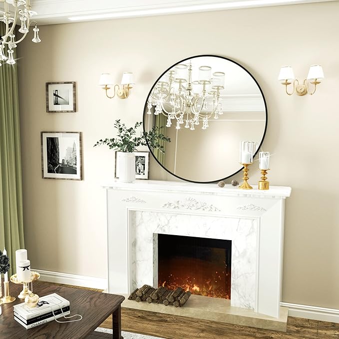 Round Mirror 36" Black Wall Mounted Circle Mirrors Vanity Mirror with Aluminum Alloy Frame Modern Decoration for Bathroom, Living Room, Vanity, Bedroom, Entryway